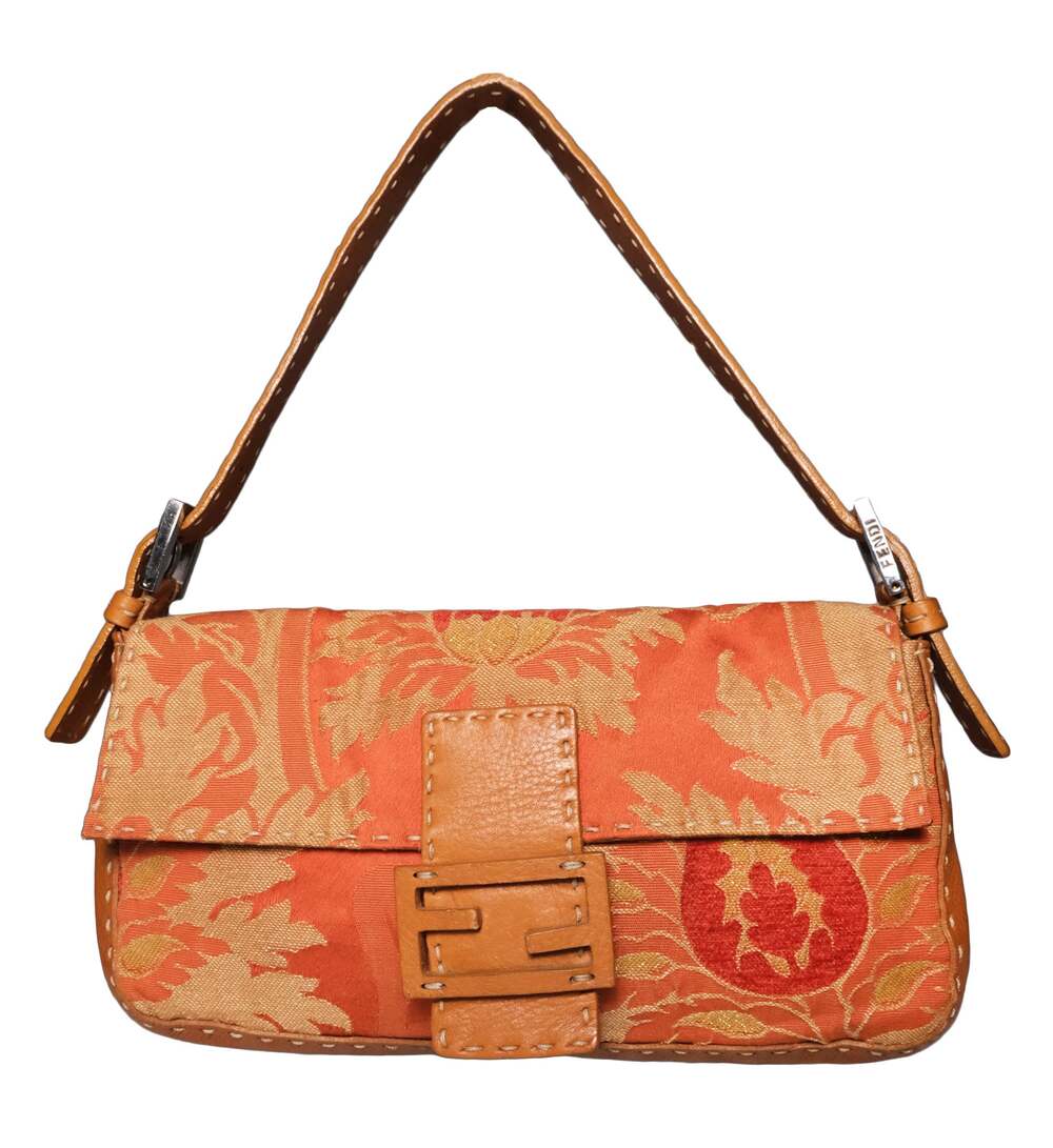 Fendi Selleria Orange Floral Damask Jacquard Baguette